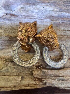 Vintage Cat Head Clip On Earrings Gold Tone Silver Tone Rhinestone Hoop Dangle